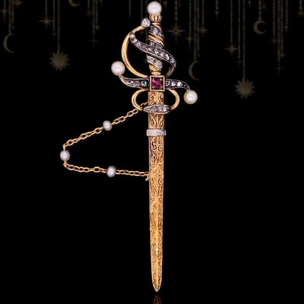 Sold on Layaway | 14K Dutch Victorian Diamond, Ruby & Pearl Sword Brooch