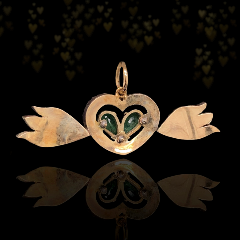 14K & Silver Victorian Diamond & Emerald Winged Heart Pendant