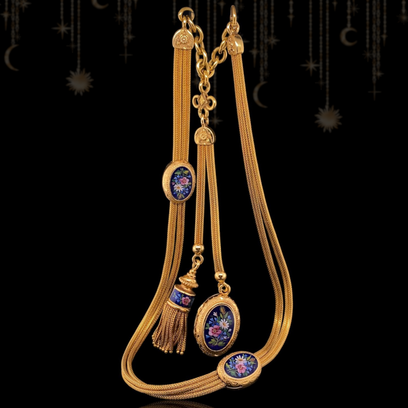 18K Victorian Floral Blue Enamel Slider, Tassel & Locket Watch Chain Set 15" With 4" Drop