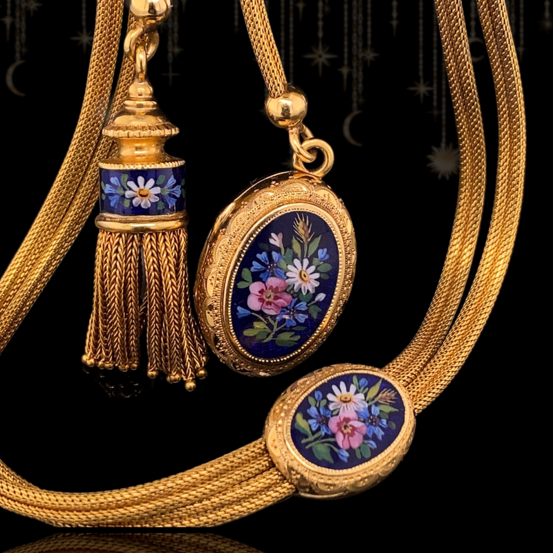 18K Victorian Floral Blue Enamel Slider, Tassel & Locket Watch Chain Set 15" With 4" Drop