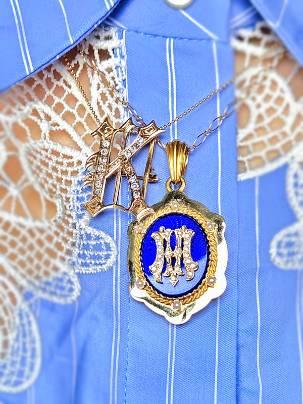 Sold on Layaway | 18K French Victorian Diamond & Pearl Bristol Blue Guilloche Initial M Locket
