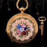 18K Swiss Victorian Jeanjaquet Frères Flower Bouquet Guilloche Enamel Pocket Watch with Winding Key