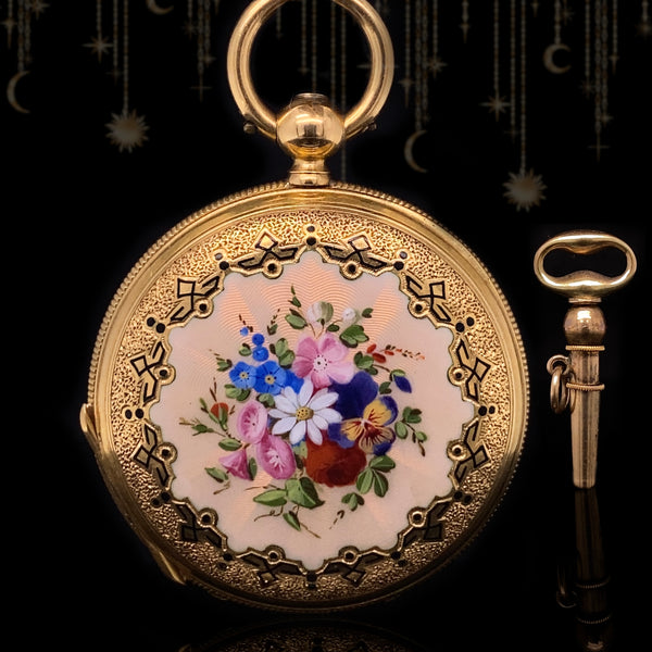 18K Swiss Victorian Jeanjaquet Frères Flower Bouquet Guilloche Enamel Pocket Watch with Winding Key