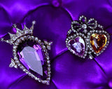 18K & Silver European Victorian Diamond, Amethyst & Citrine Crowned Double Heart Brooch-Pendant