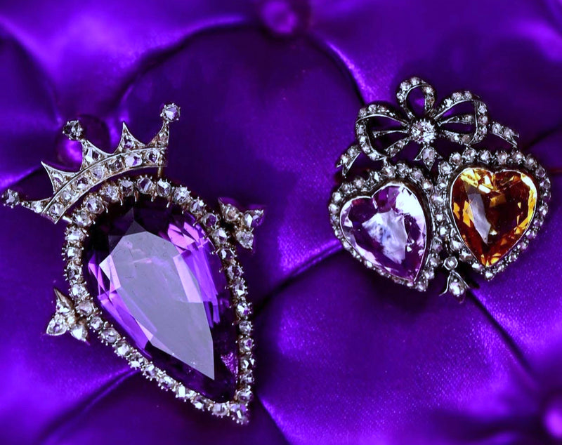 18K & Silver European Victorian Diamond, Amethyst & Citrine Crowned Double Heart Brooch-Pendant