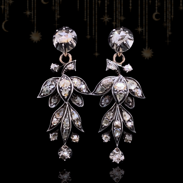Sold on Layaway | 14K & Silver Dutch Victorian Floral Leaf Diamond Collet Set Dangle Earrings