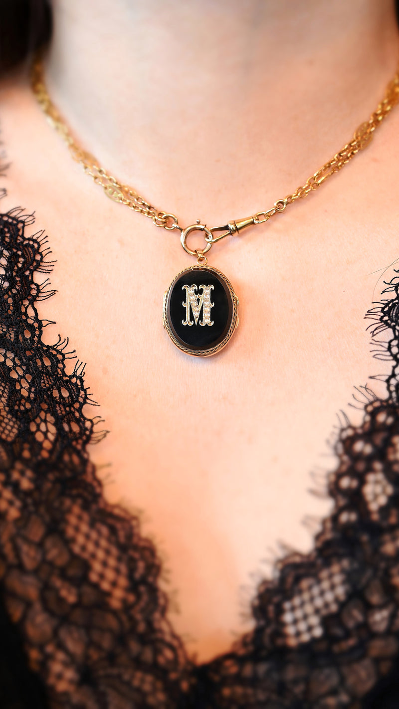 18K French Victorian Onyx & Diamond Initial M Locket