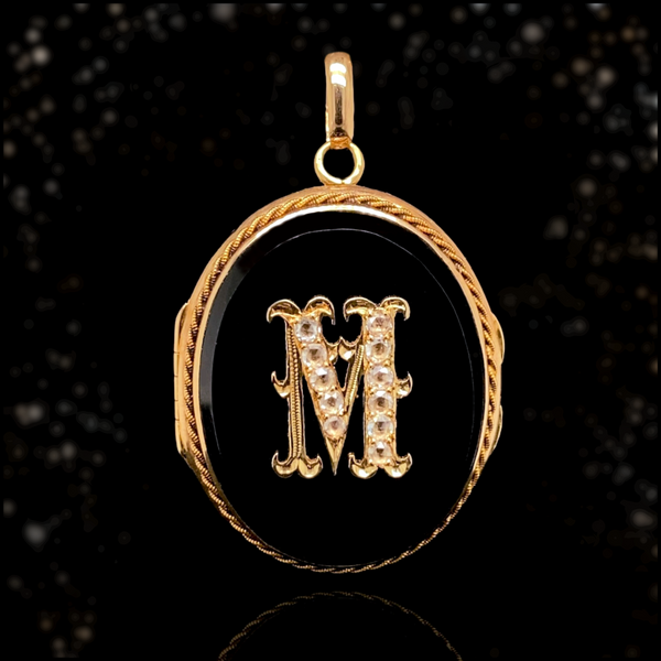 18K French Victorian Onyx & Diamond Initial M Locket