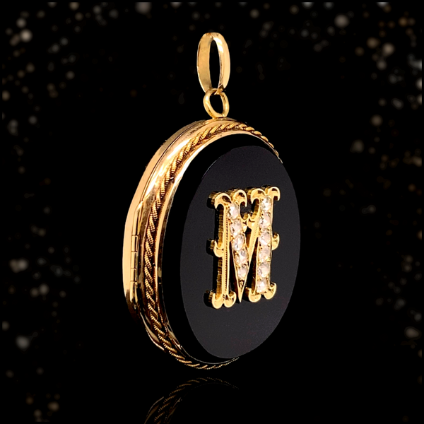 18K French Victorian Onyx & Diamond Initial M Locket