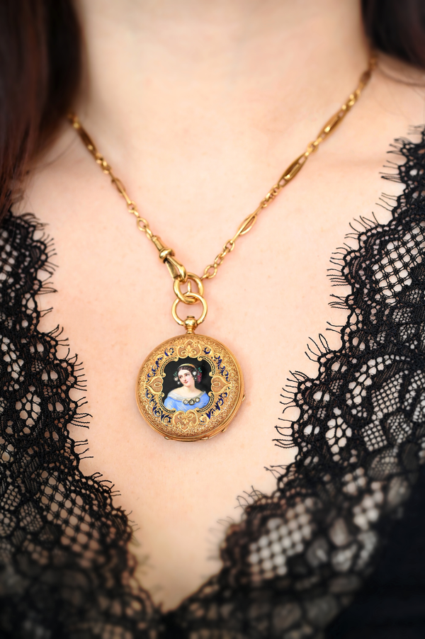 18K Swiss Victorian Patek & Cie (Patek Philippe) Diamond Portrait Lady Enamel Pocket Watch with Bloodstone Winding Key