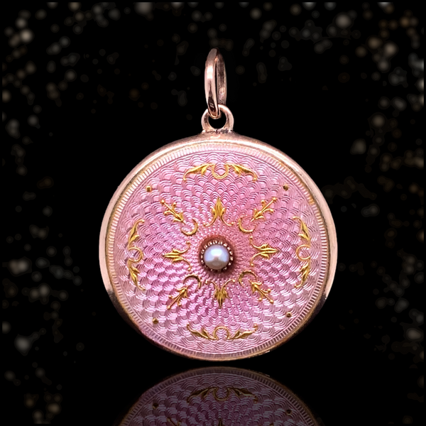 9K Victorian Pearl Pink Guilloche Enamel Pendant