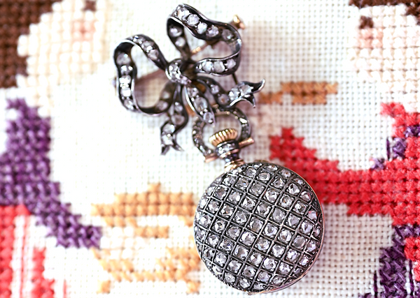 18K & Silver French Victorian Alphonse Auger Diamond Pocket Watch with Bow Brooch