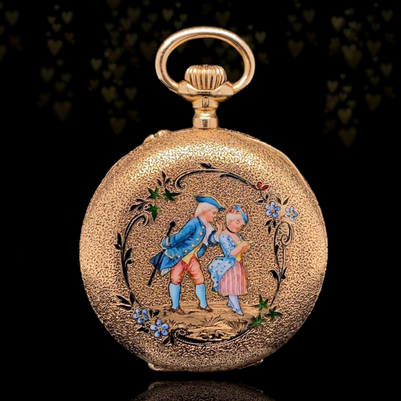 14K Victorian Portrait Lady Gentleman Couple Enamel Pocket Watch