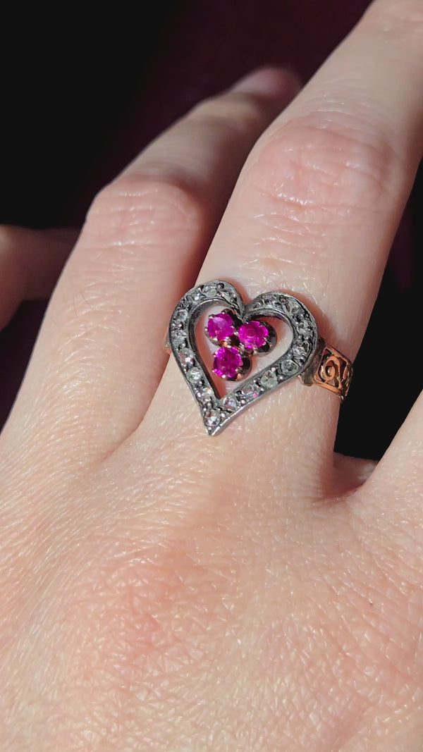 14K & Silver Victorian Diamond & Ruby Heart Ring