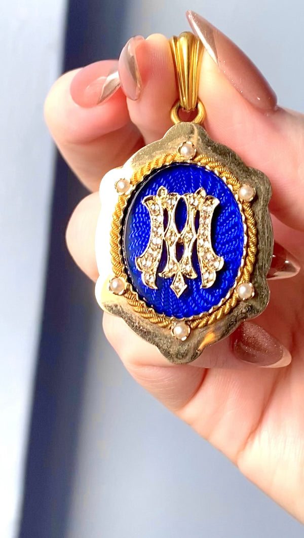 18K French Victorian Diamond & Bristol Blue Guilloche Initial M Locket