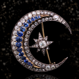 18K & Silver Victorian Diamond & Sapphire Crescent Star Brooch