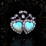 18K & Silver Victorian Diamond & Opal Crowned Double Heart Brooch-Pendant (With Detachable Brooch Pin)