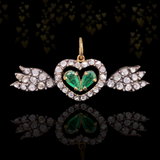 14K & Silver Victorian Diamond & Emerald Winged Heart Pendant