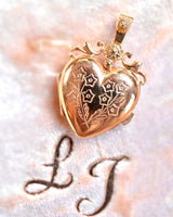 18K French Victorian Floral Engraved Puffy Heart Locket