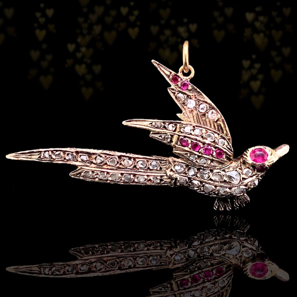 14K Georgian/Victorian Diamond & Ruby Bird of Paradise Pendant