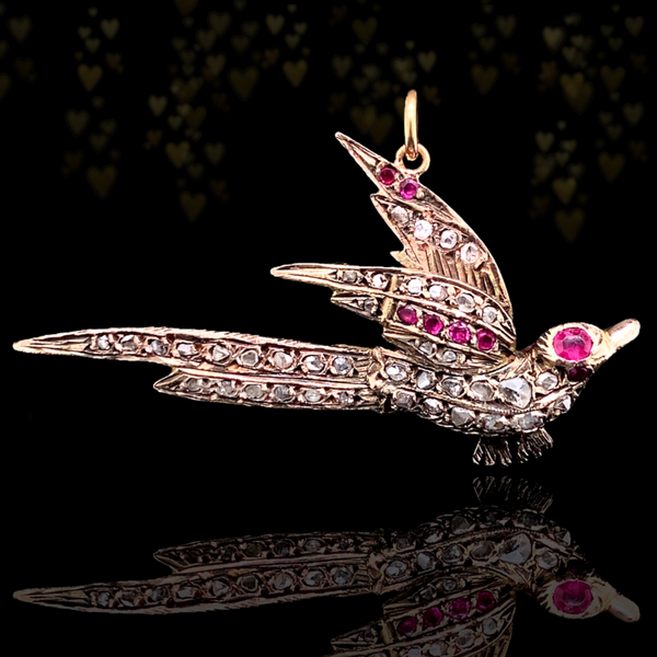 Sold on Layaway | 14K Georgian/Victorian Diamond & Ruby Bird of Paradise Pendant