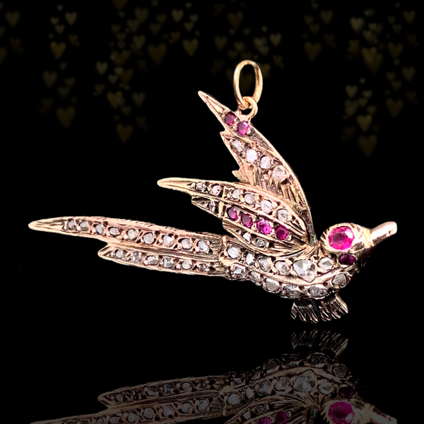 Sold on Layaway | 14K Georgian/Victorian Diamond & Ruby Bird of Paradise Pendant