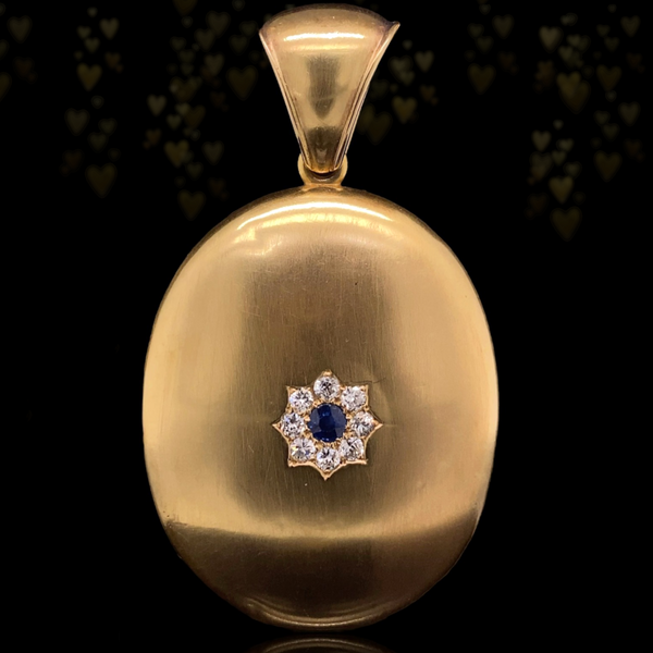 15K English Victorian Diamond & Sapphire Flower Cluster Locket c.1876 with Double Portrait
