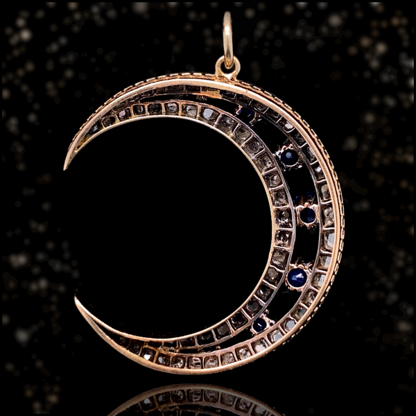 14K & Silver German Victorian Diamond & Sapphire Crescent Pendant