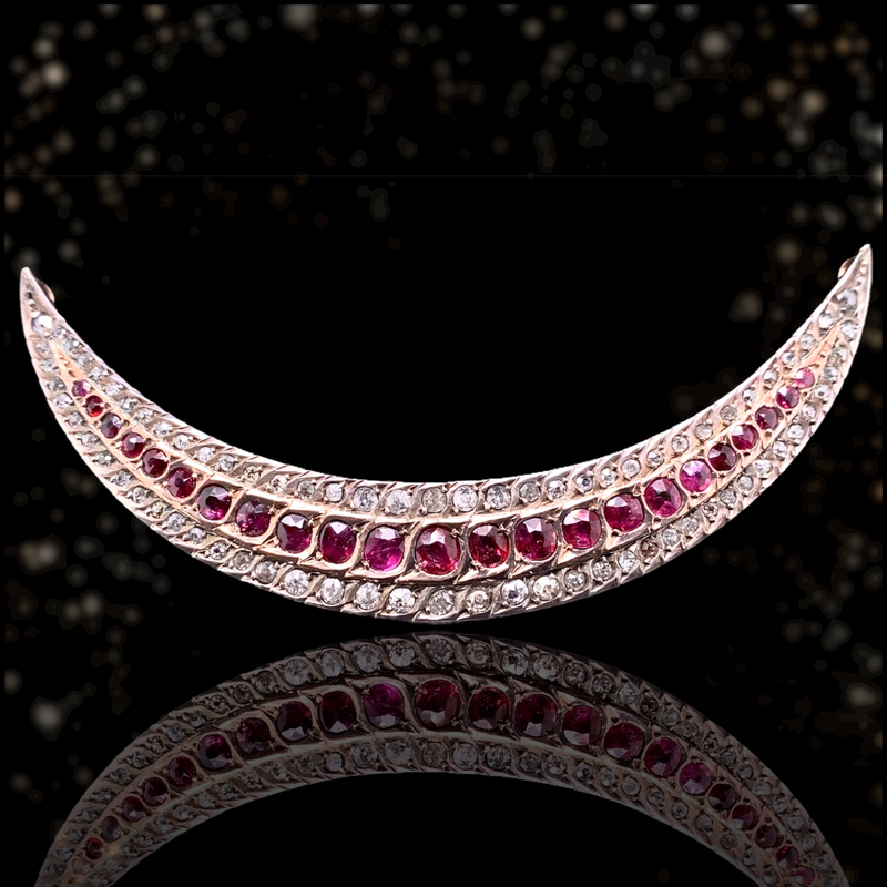 9K & Silver Victorian Diamond & Ruby Crescent Brooch-Necklace with Detachable Chain 18"