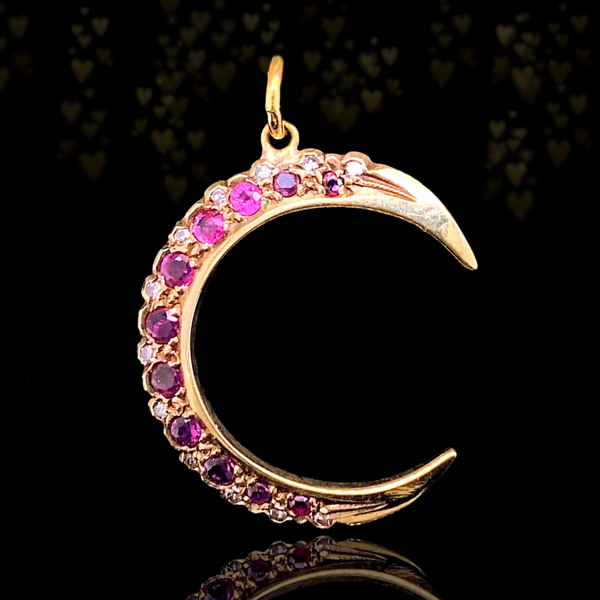 9K Vintage Diamond & Ruby Crescent Pendant c.1989