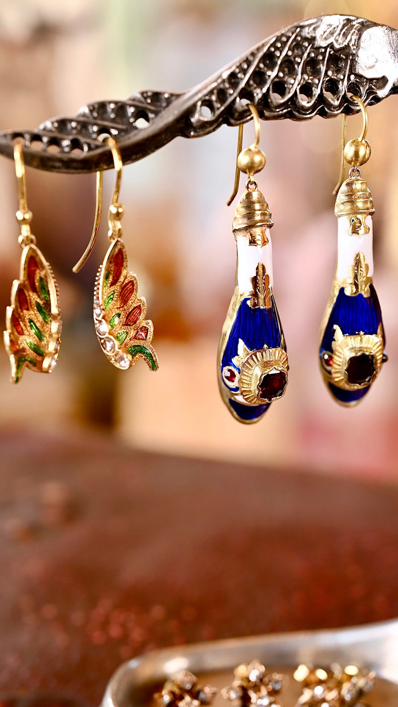 18K French Victorian Diamond & Guilloche Enamel Winged Dangle Earrings