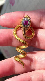 18K French Victorian Diamond & Ruby Snake Slider Pendant