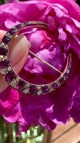 14K Victorian Diamond & Ruby Crescent Brooch