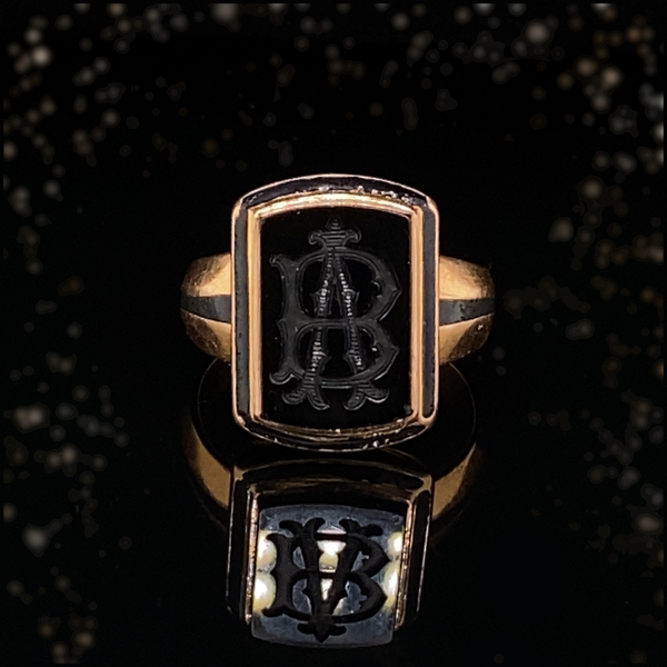 18K French Victorian Onyx Black Enamel Monogram AB/BA Ring with Secret Hidden Compartment