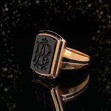 18K French Victorian Onyx Black Enamel Monogram AB/BA Ring with Secret Hidden Compartment