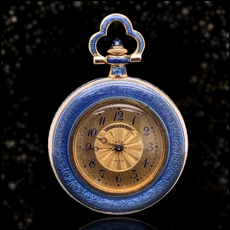 14K Swiss Victorian Longines Diamond Monogram ESH & Floral Blue Guilloche Enamel Pocket Watch