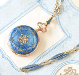 14K Swiss Victorian Vulcain Diamond & Guilloche Enamel Pocket Watch Necklace Chain