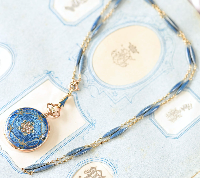 14K Swiss Victorian Diamond & Guilloche Enamel Pocket Watch Necklace Chain