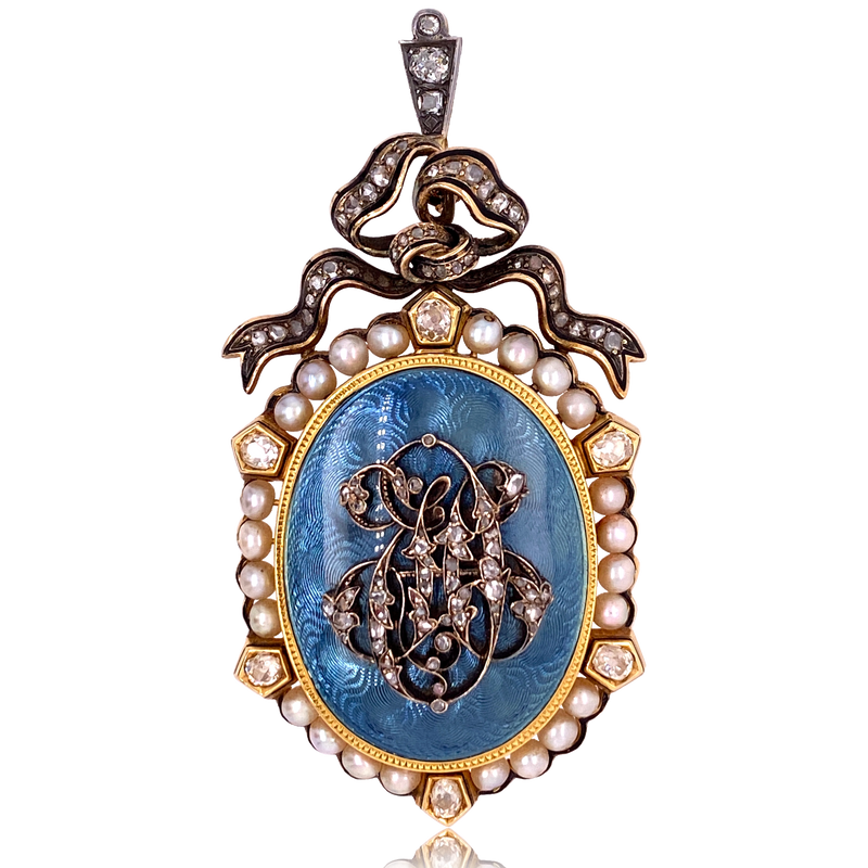 18K & Silver French Victorian Diamond & Pearl Bow Monogram JCO Pale Blue Guilloche Enamel Pendant