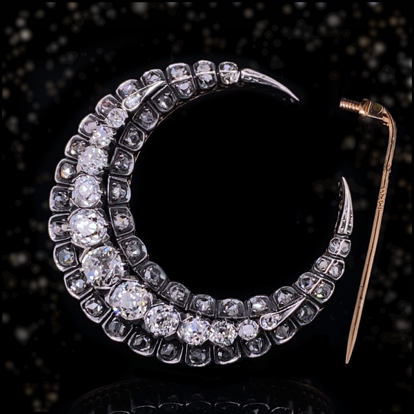 18K & Silver French Victorian Diamond Crescent Brooch-Pendant (With Detachable Brooch Pin)