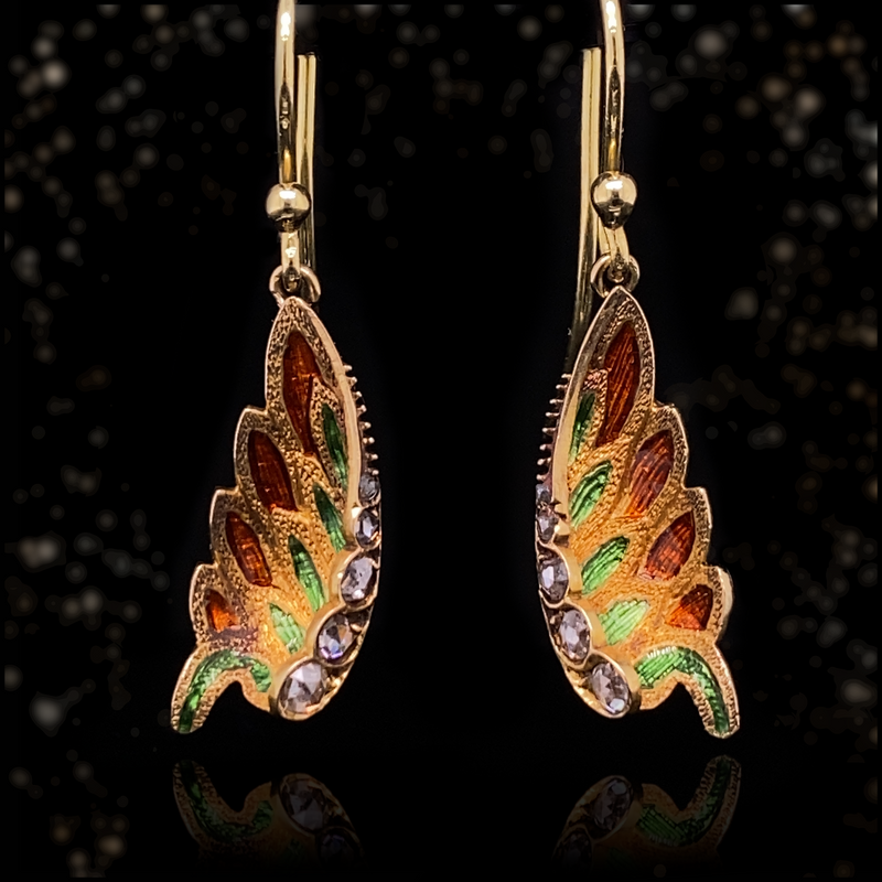 18K French Victorian Diamond & Guilloche Enamel Winged Dangle Earrings