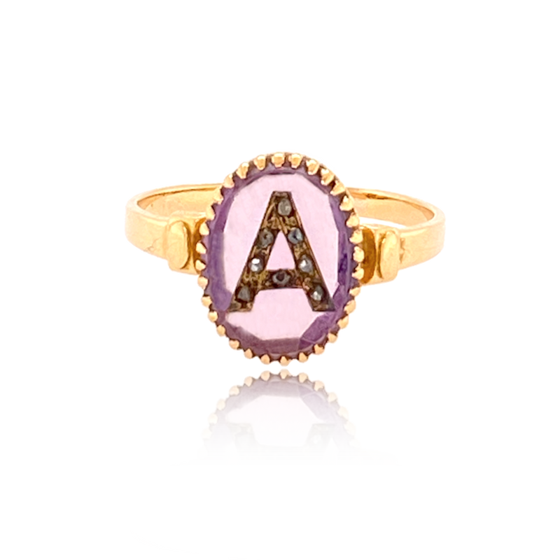 18K French Victorian Amethyst & Diamond Initial A RIng