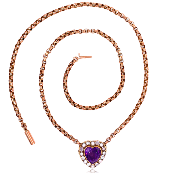 15K Victorian Amethyst, Diamond & Pearl Heart Necklace