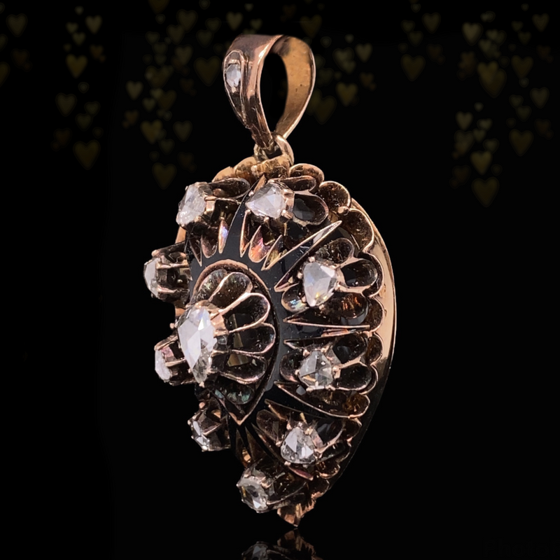 14K Austrian-Hungarian Victorian Diamond & Black Enamel Heart Locket