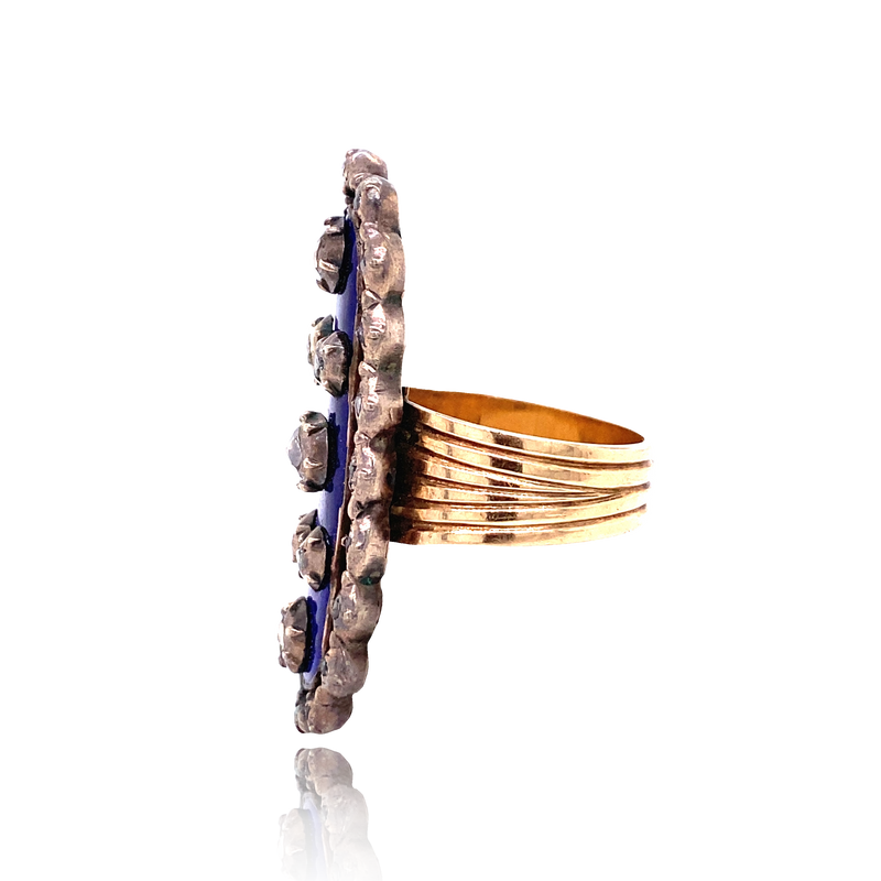 10K & Silver Georgian Bague Au Firmament Diamond Enamel Ring