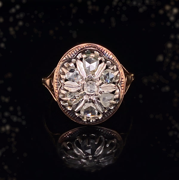 14K & Silver German Biedermeier Victorian Diamond Cluster Ring