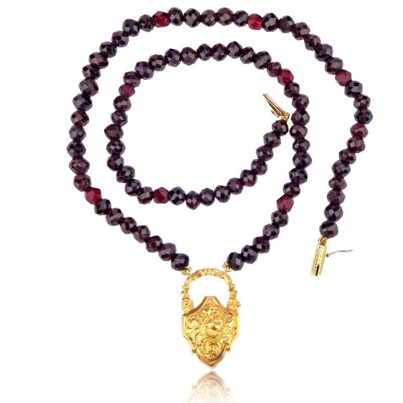 14K German Biedermeier Victorian Bohemian Garnet & Pearl Heart Padlock Locket Beaded Necklace