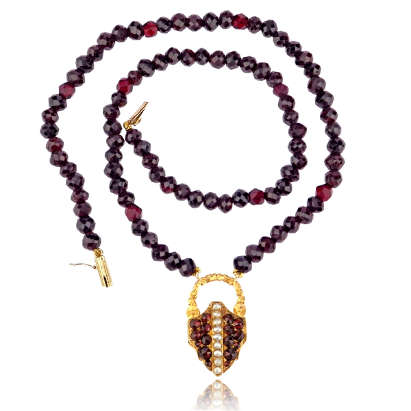 14K German Biedermeier Victorian Bohemian Garnet & Pearl Heart Padlock Locket Beaded Necklace