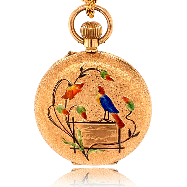 14K Victorian/Edwardian Enamelled Bird Perched on a Frame Scenic Pocket Watch