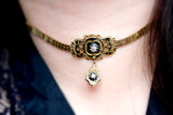 18K & Silver French Victorian Diamond Floral Black Enamel Choker Necklace 14.5" with Chain Extender